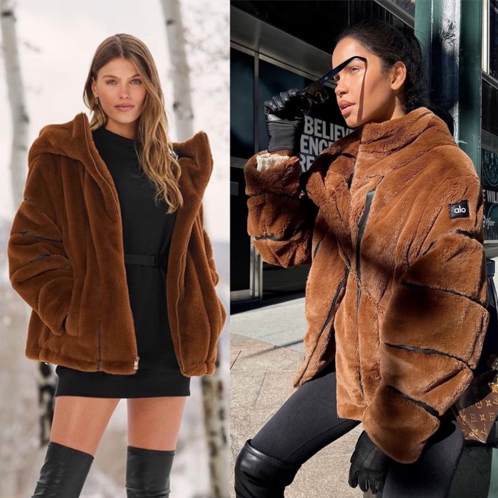 ALO Yoga Knockout Faux Fur Hooded Oversized Coat Jacket Chocolate Brown